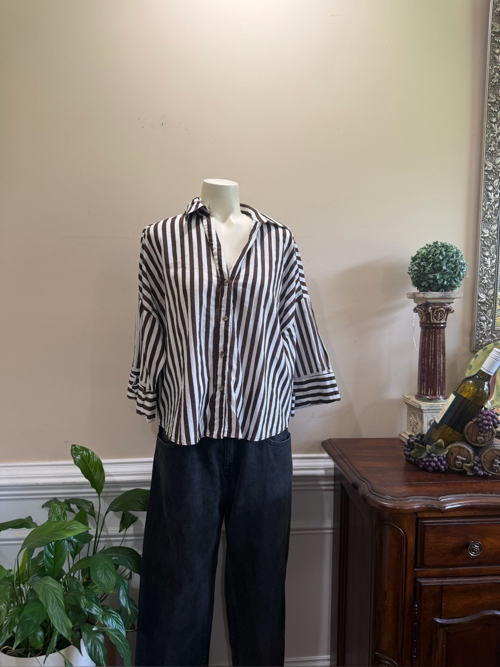 Zara Brown and White Vertical Striped Button-Down Shirt
